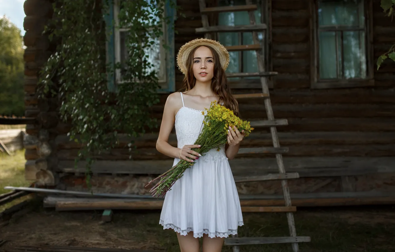 Photo wallpaper look, girl, flowers, house, dress, Andrey Metelkov