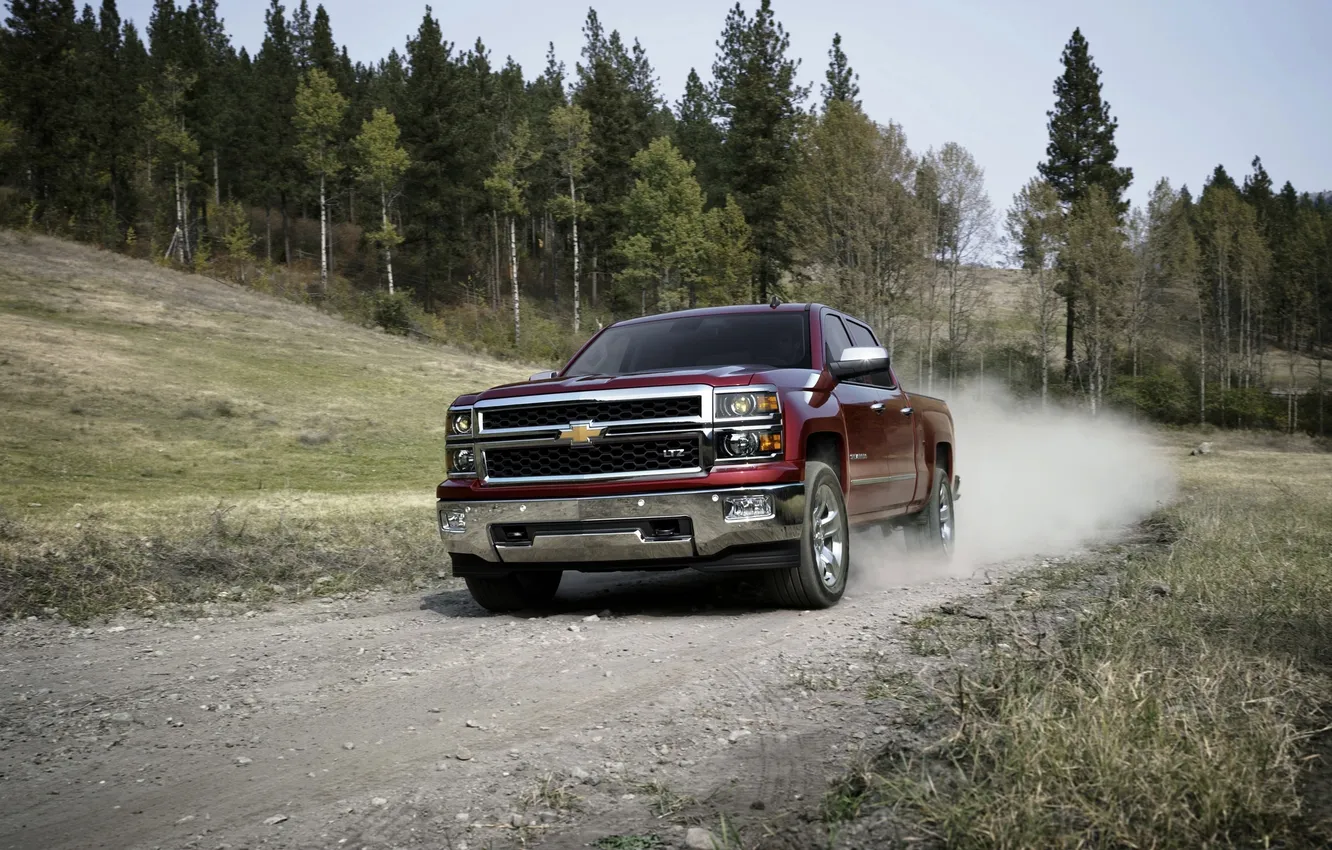 Photo wallpaper trees, dust, Chevrolet, jeep, Chevrolet, cherry, the front, Silverado