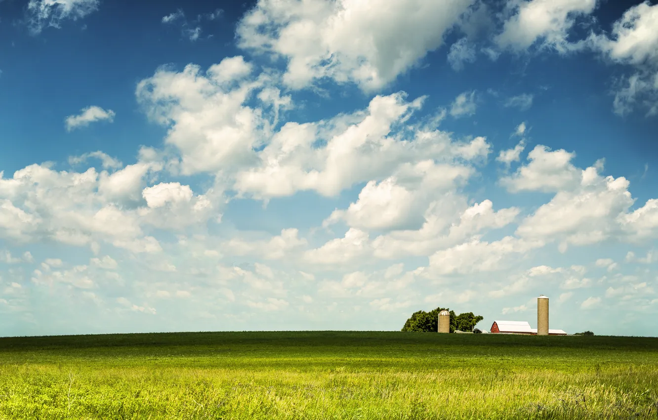 Photo wallpaper the sky, grass, clouds, horizon, the barn, farm, 2. tree