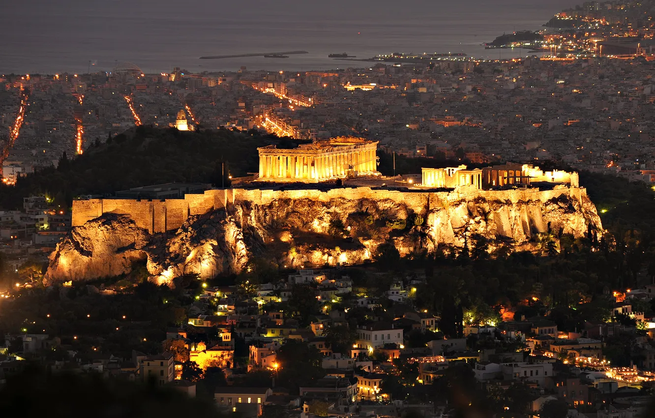 Photo wallpaper lights, the evening, The Parthenon