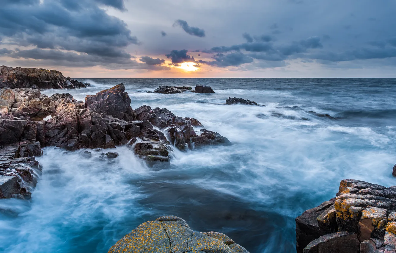 Photo wallpaper sea, storm, rocks, dawn, Sweden