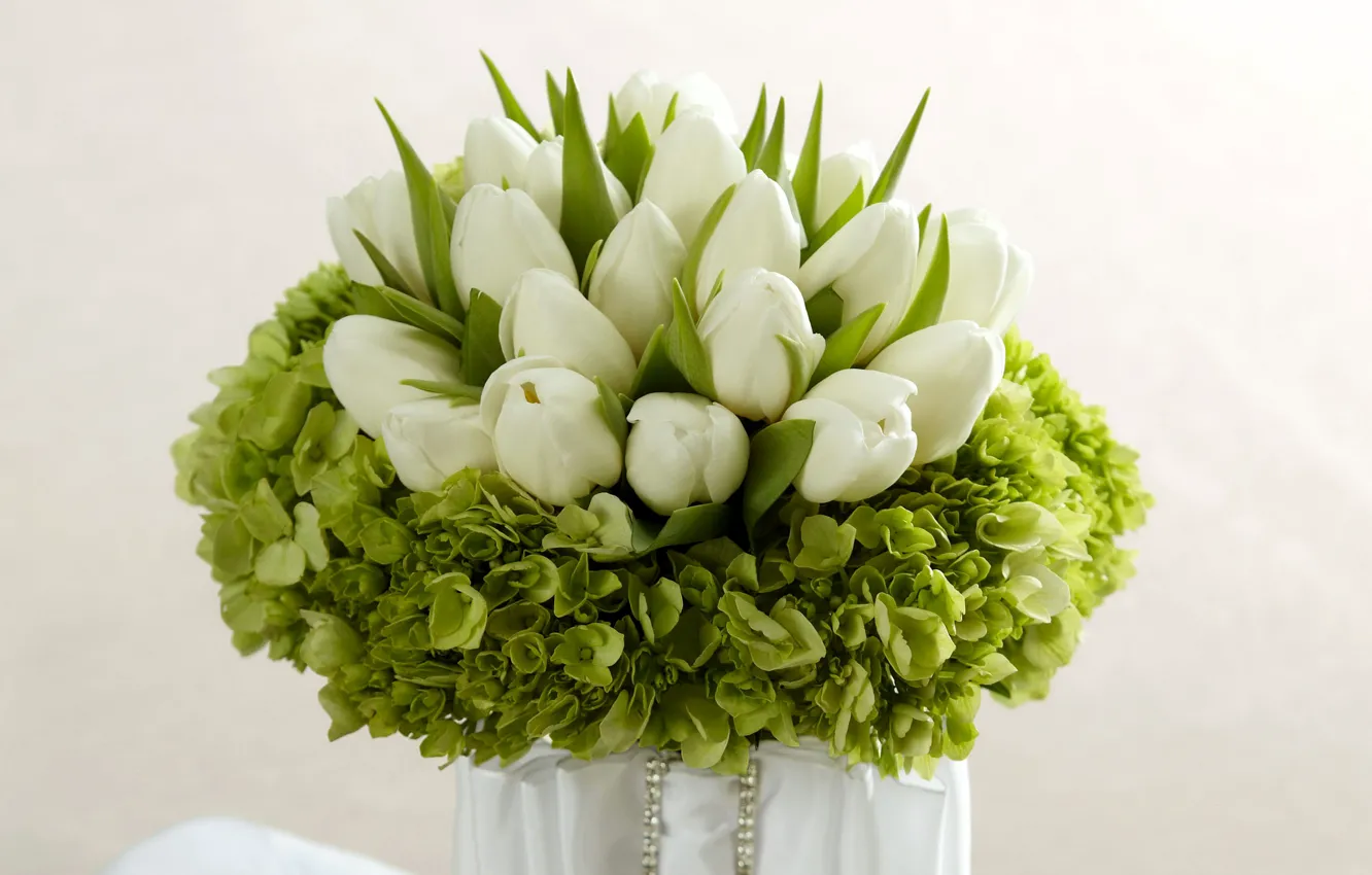 Photo wallpaper bouquet, tulips, white, hydrangea