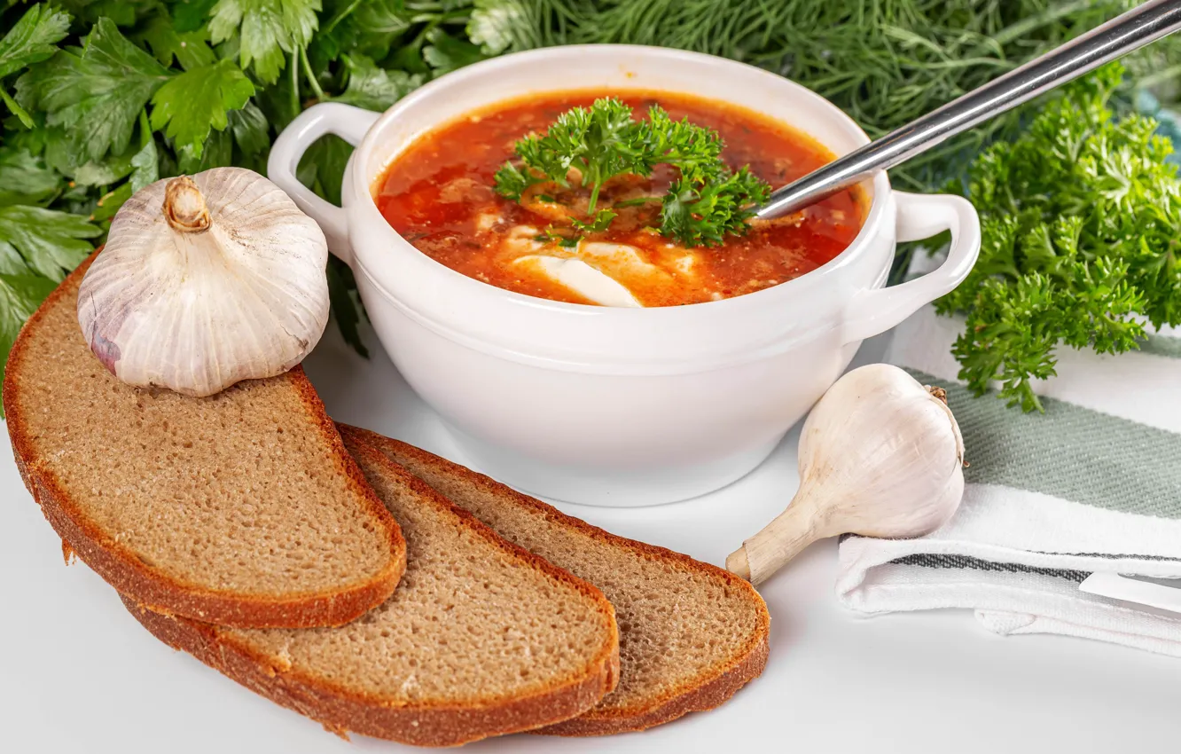 Photo wallpaper greens, bread, bowl, soup, garlic, drooling