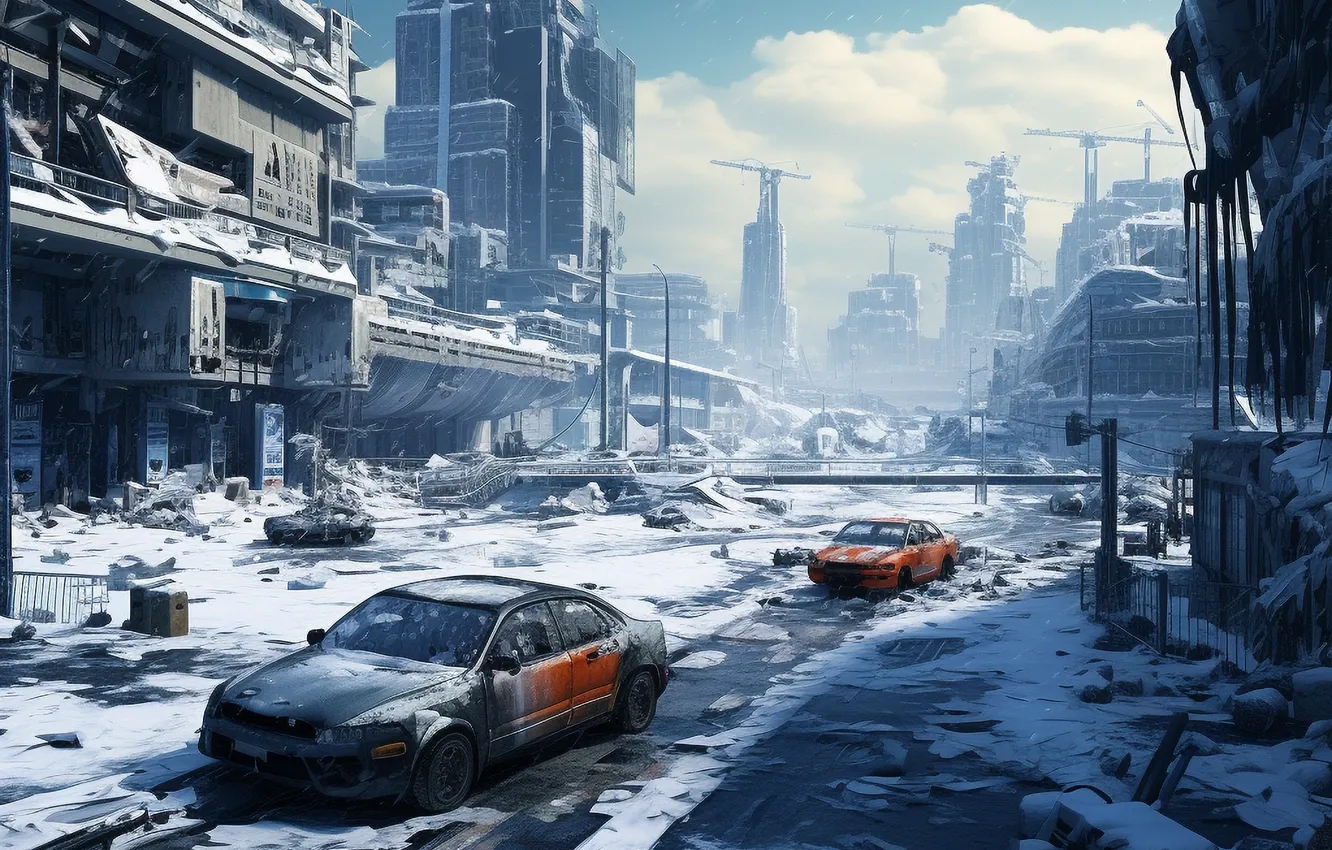 Photo wallpaper winter, road, snow, the city, Apocalypse, home, skyscrapers, destruction