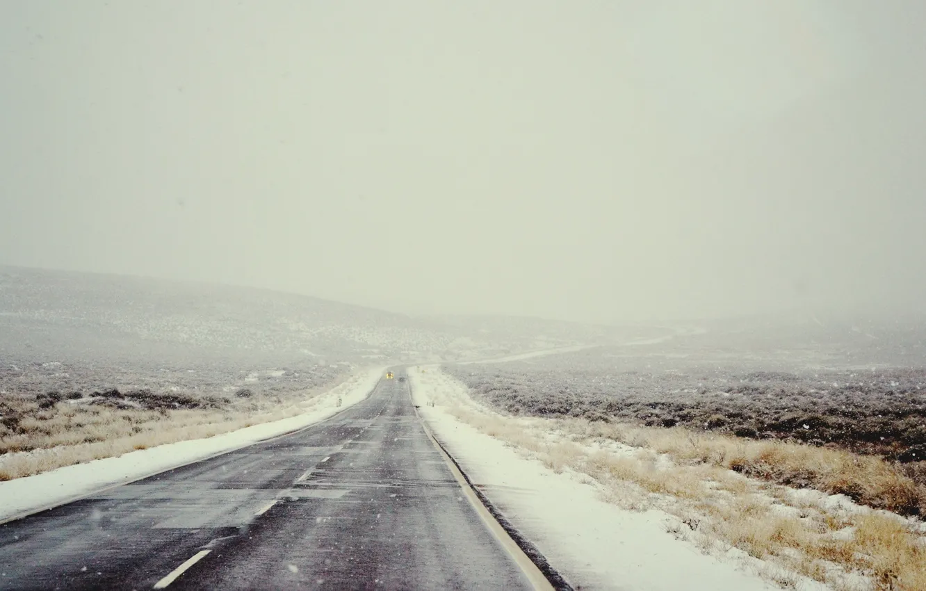Photo wallpaper road, field, snow, landscape