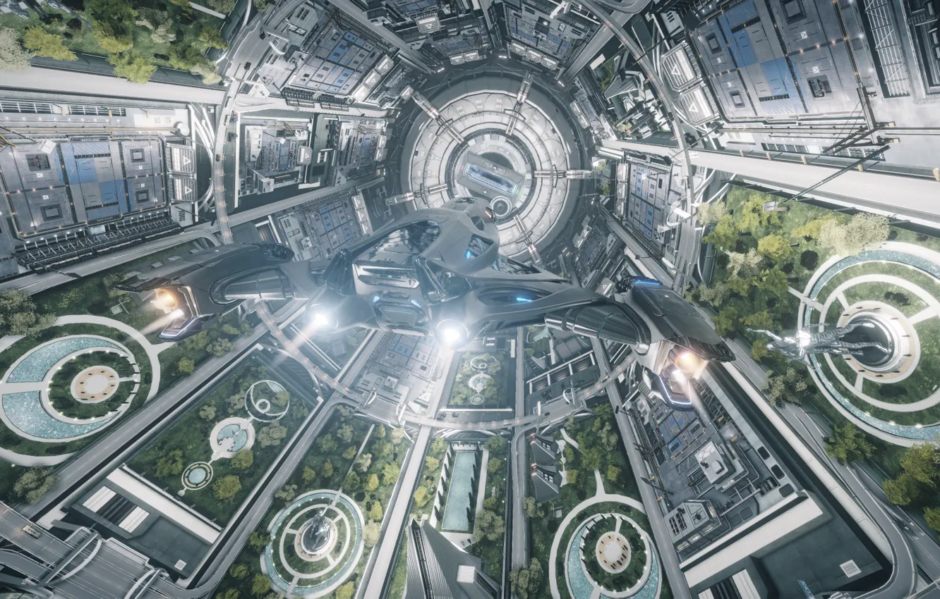 Photo wallpaper space, the city, plant, statue, space station, spaceship, parks, Elite: Dangerous