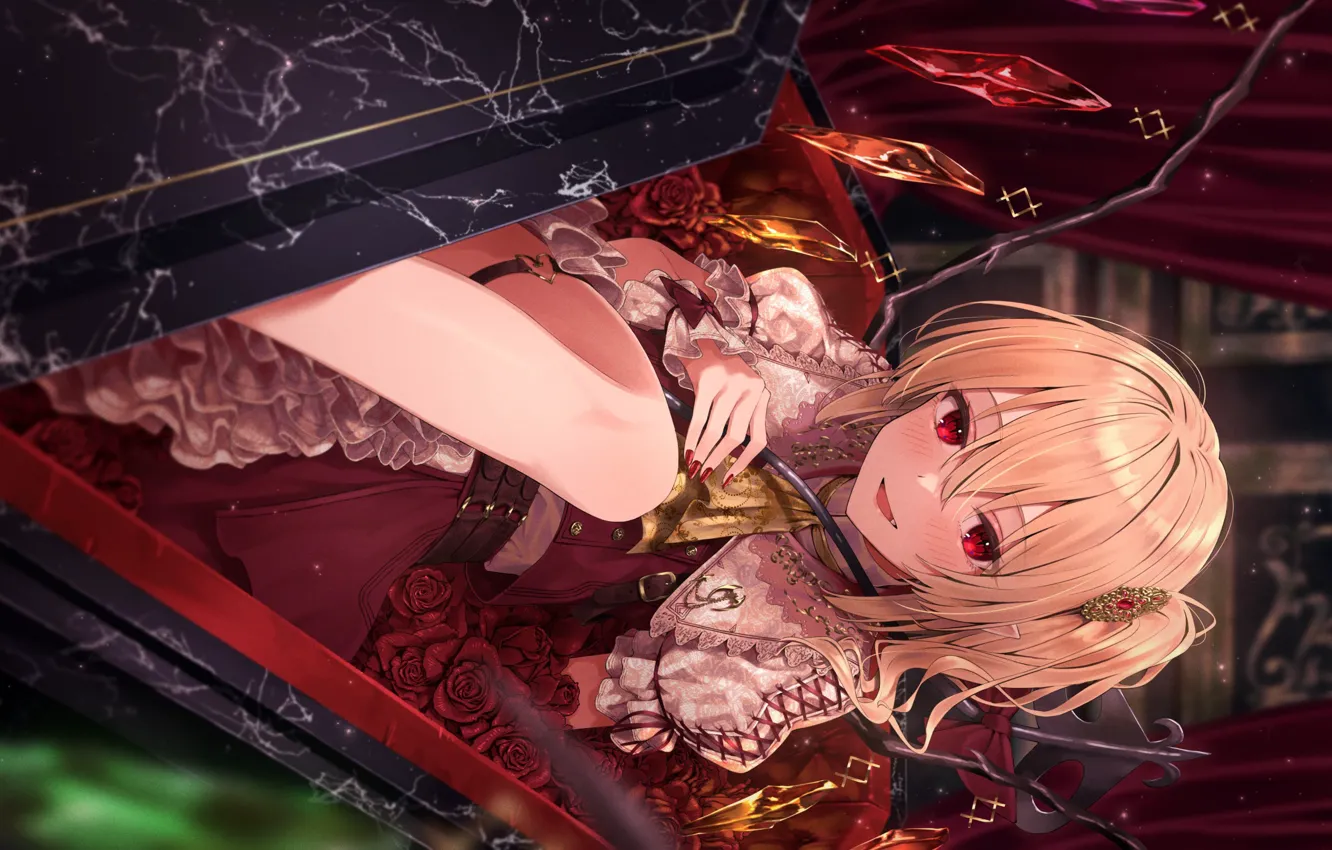 Photo wallpaper crystals, the coffin, red eyes, the crypt, vampire, Flandre Scarlet, Project East, red roses