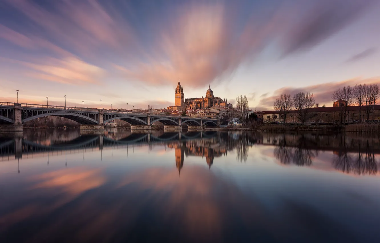 Photo wallpaper clouds, trees, bridge, the city, reflection, shore, view, the evening