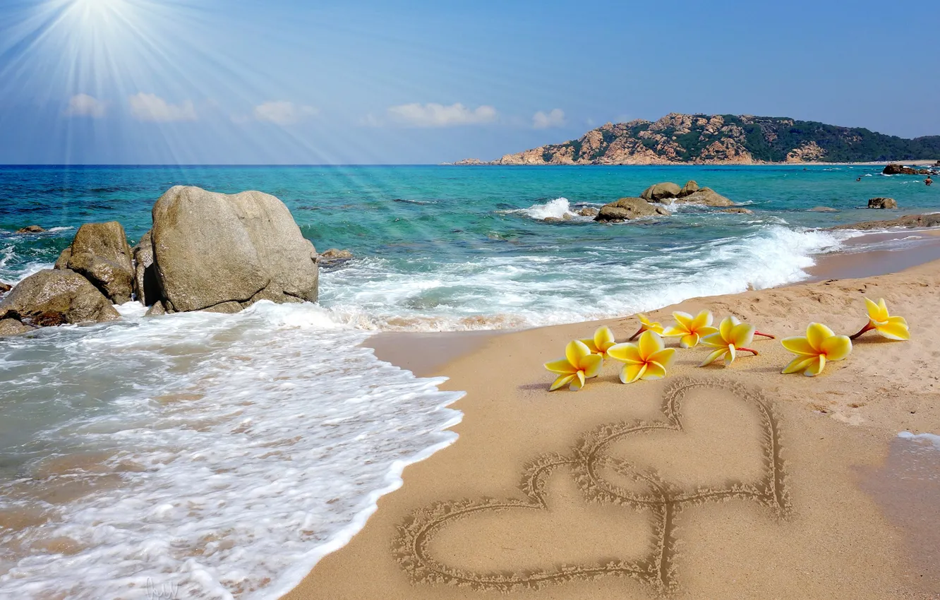 Photo wallpaper sand, beach, love, romance, heart, figure, love, sunshine
