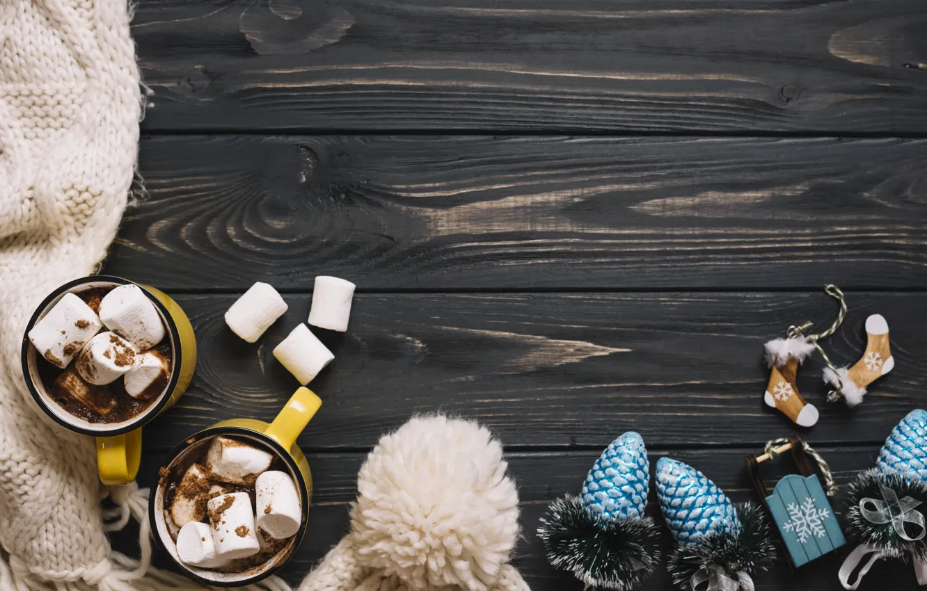 Photo wallpaper winter, holiday, hat, toy, new year, scarf, wood, New Year