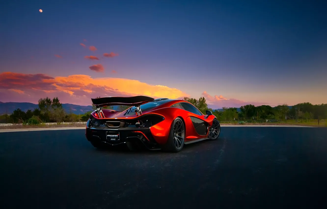 Photo wallpaper McLaren, Orange, Front, Sunset, Death, Road, Supercar, Valley