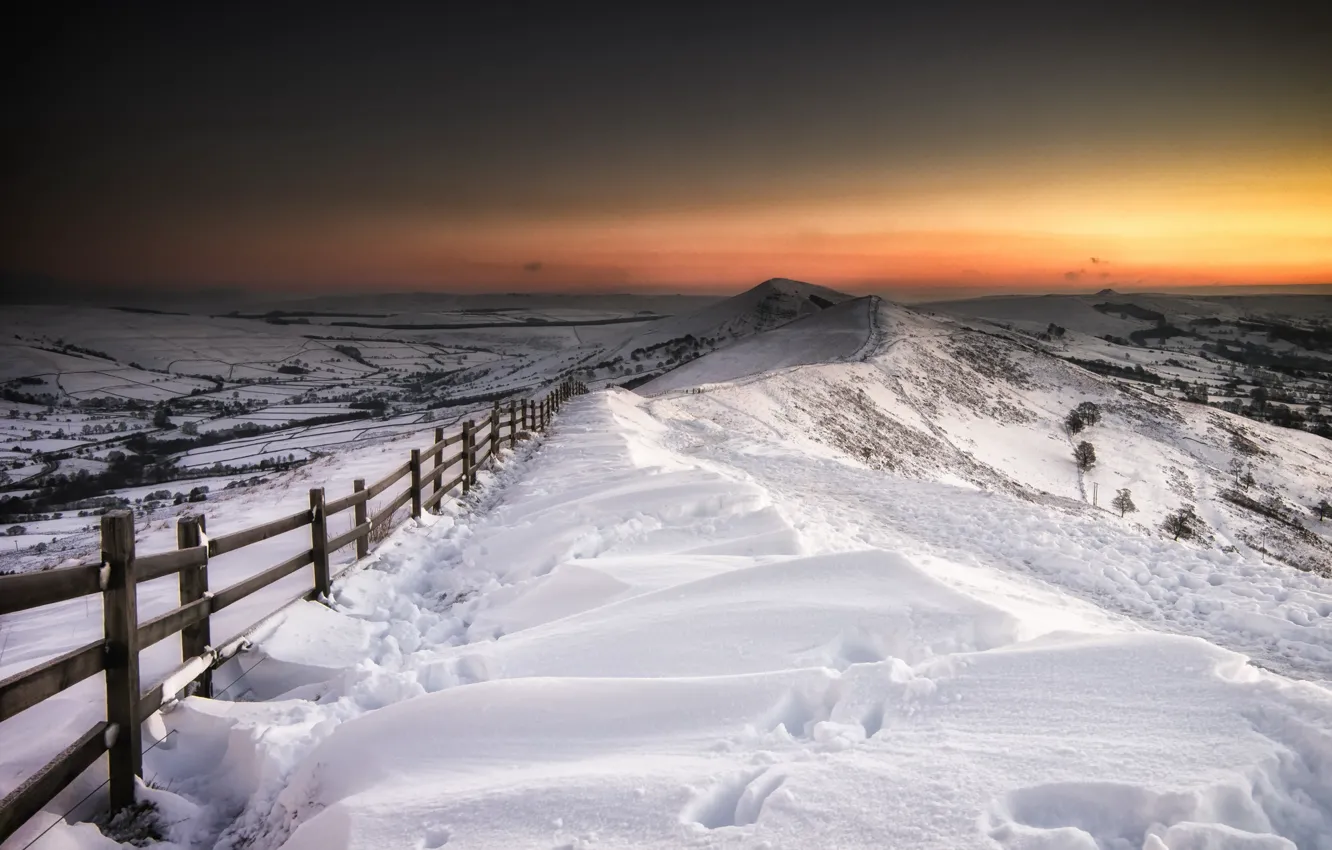 Photo wallpaper winter, snow, landscape, night, the fence