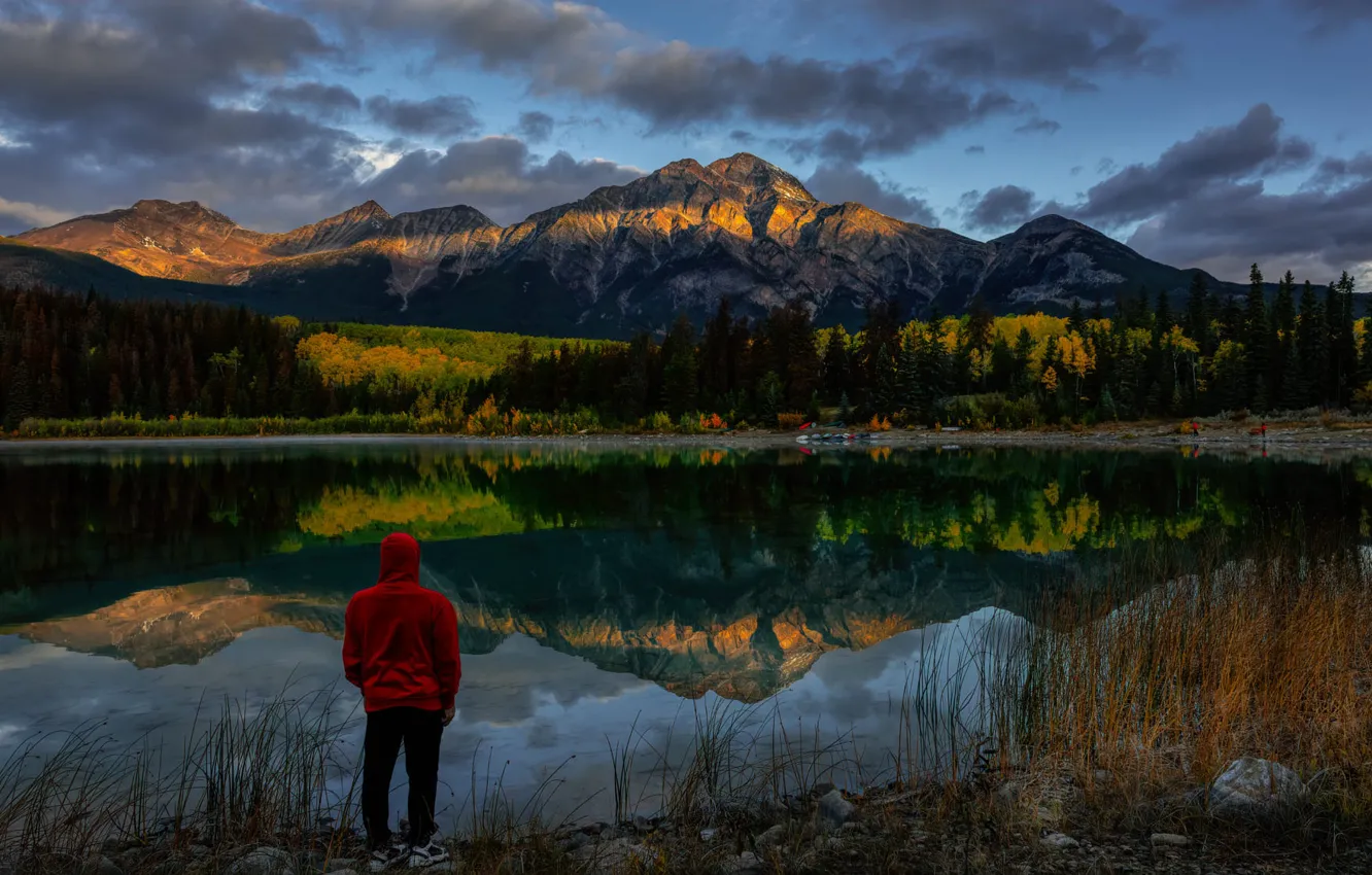 Photo wallpaper forest, grass, landscape, mountains, nature, lake, reflection, stones