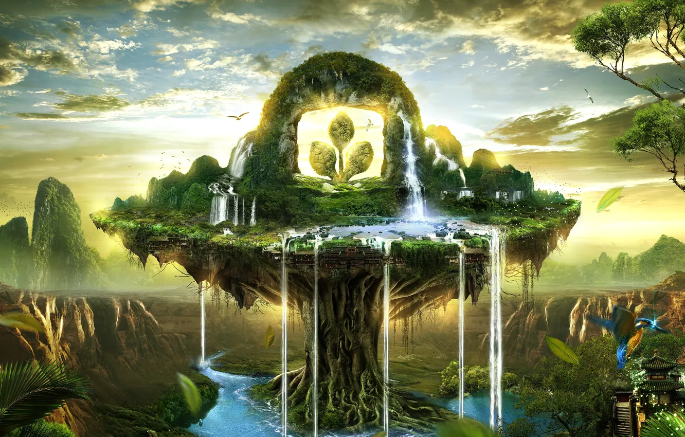 Photo wallpaper greens, landscape, bird, waterfall, beauty, photoart