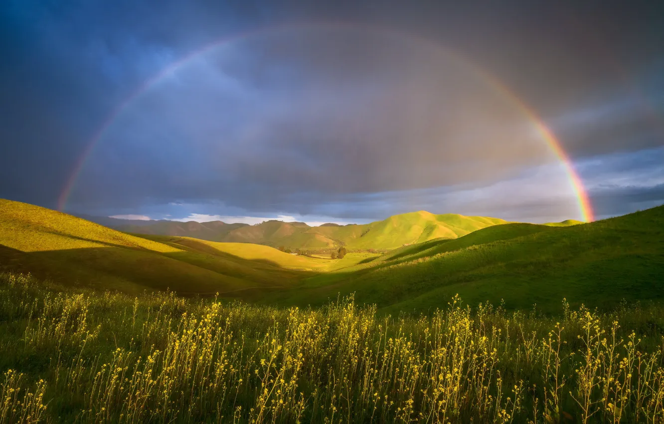 Photo wallpaper field, the sky, light, mountains, clouds, rainbow, meadow, meadow grass