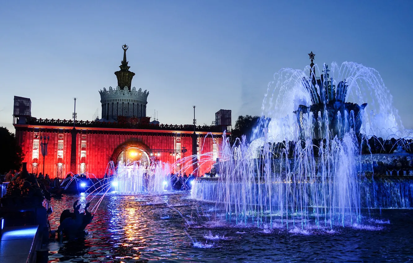 Photo wallpaper the sky, lights, the evening, Moscow, fountain, Russia