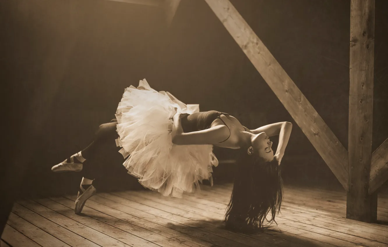 Photo wallpaper girl, Sepia, ballerina, levitation, attic
