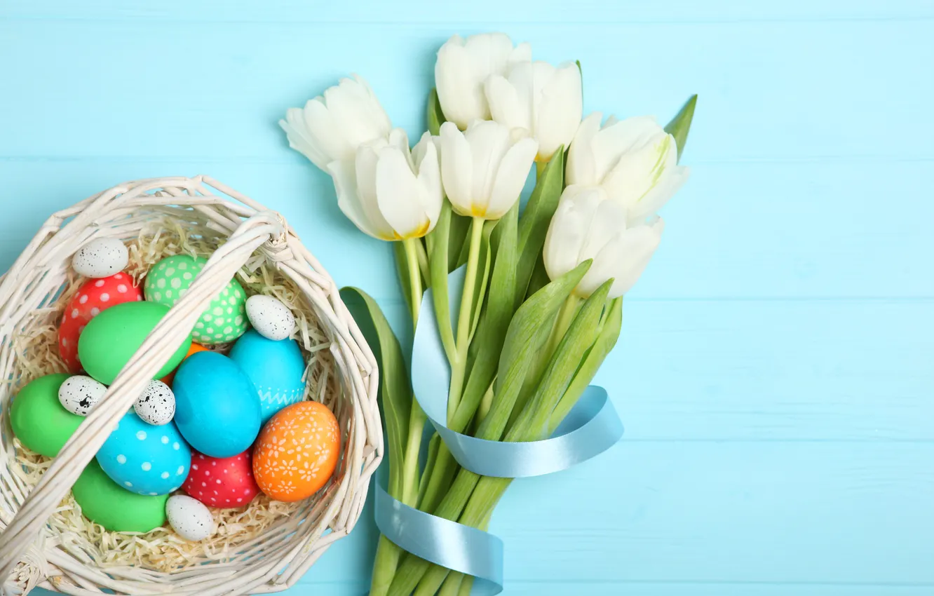 Photo wallpaper flowers, eggs, spring, colorful, Easter, tulips, wood, flowers