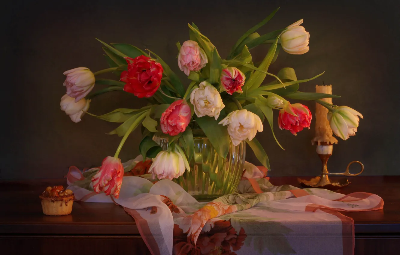 Photo wallpaper flowers, candle, tulips, vase, cake, shawl