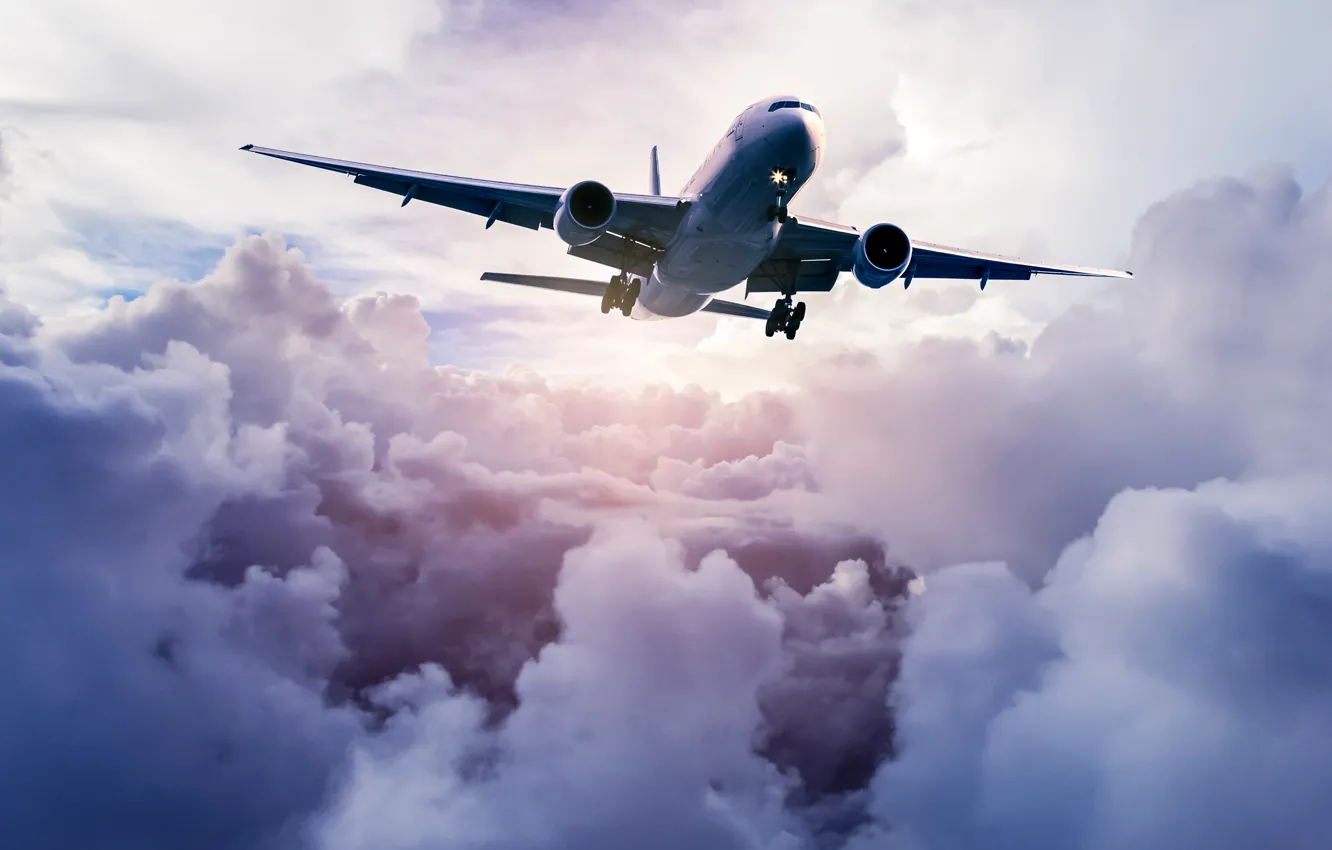 Photo wallpaper the sky, clouds, the plane, flies, in the air, passenger, high, airliner