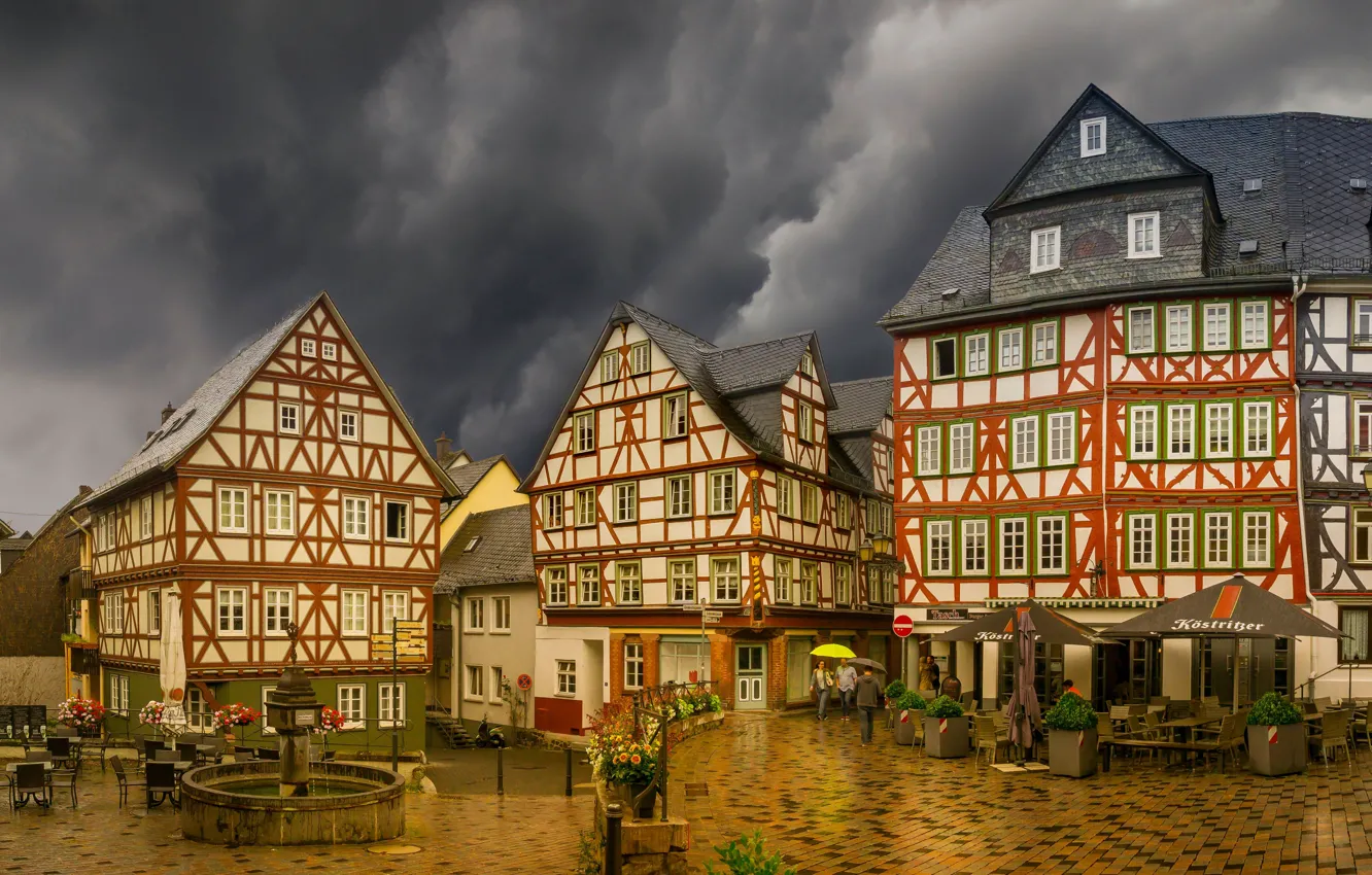 Photo wallpaper rain, overcast, building, home, Germany, area, fountain, Germany