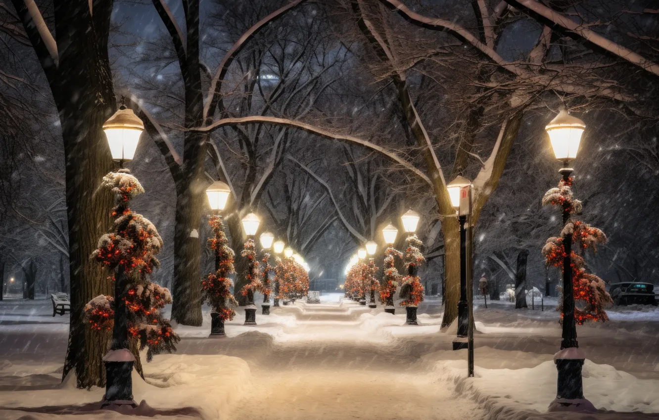 Photo wallpaper winter, snow, night, Park, street, lights, alley, night