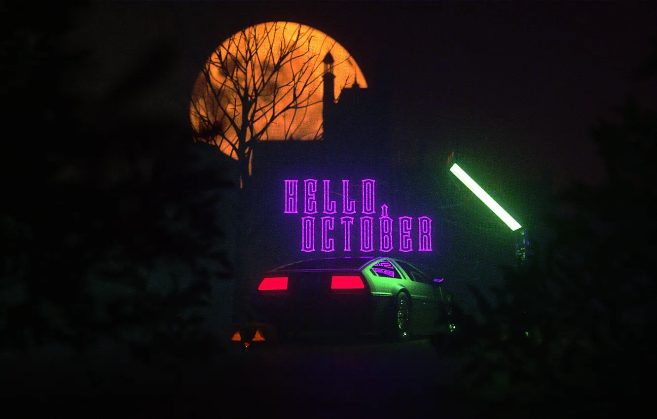 Photo wallpaper machine, auto, night, style, music, rendering, the moon, art