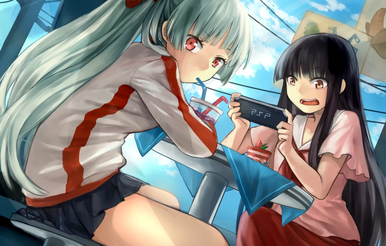 Photo wallpaper the sky, clouds, girls, anime, art, tube, drink, touhou
