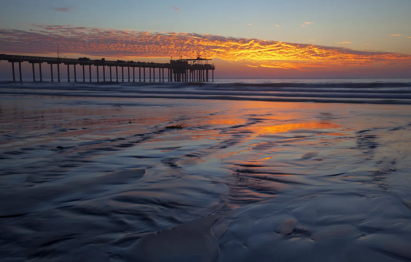 Photo wallpaper sea, landscape, sunset, bridge