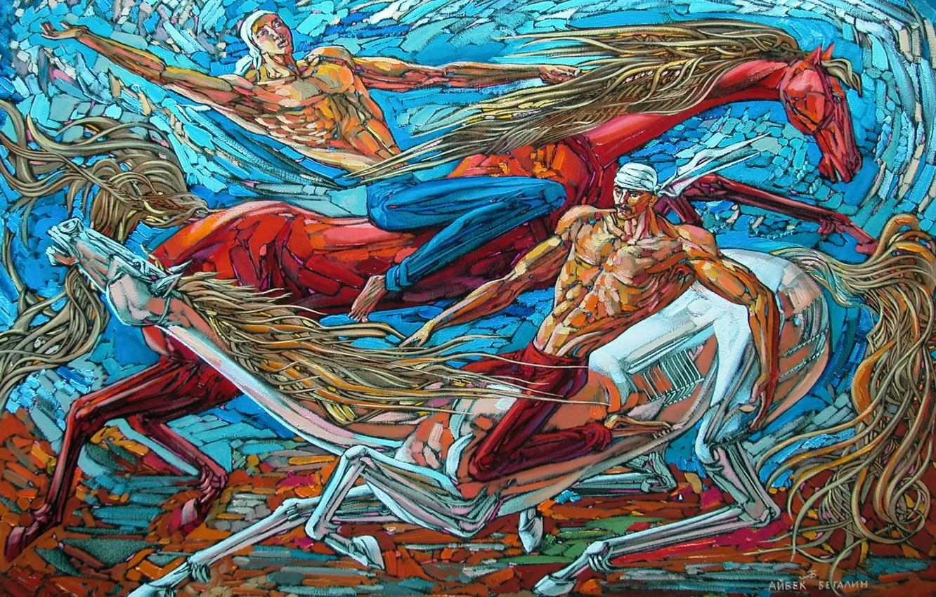 Photo wallpaper men, 2008, Aibek Begalin, Horsemen, muscular