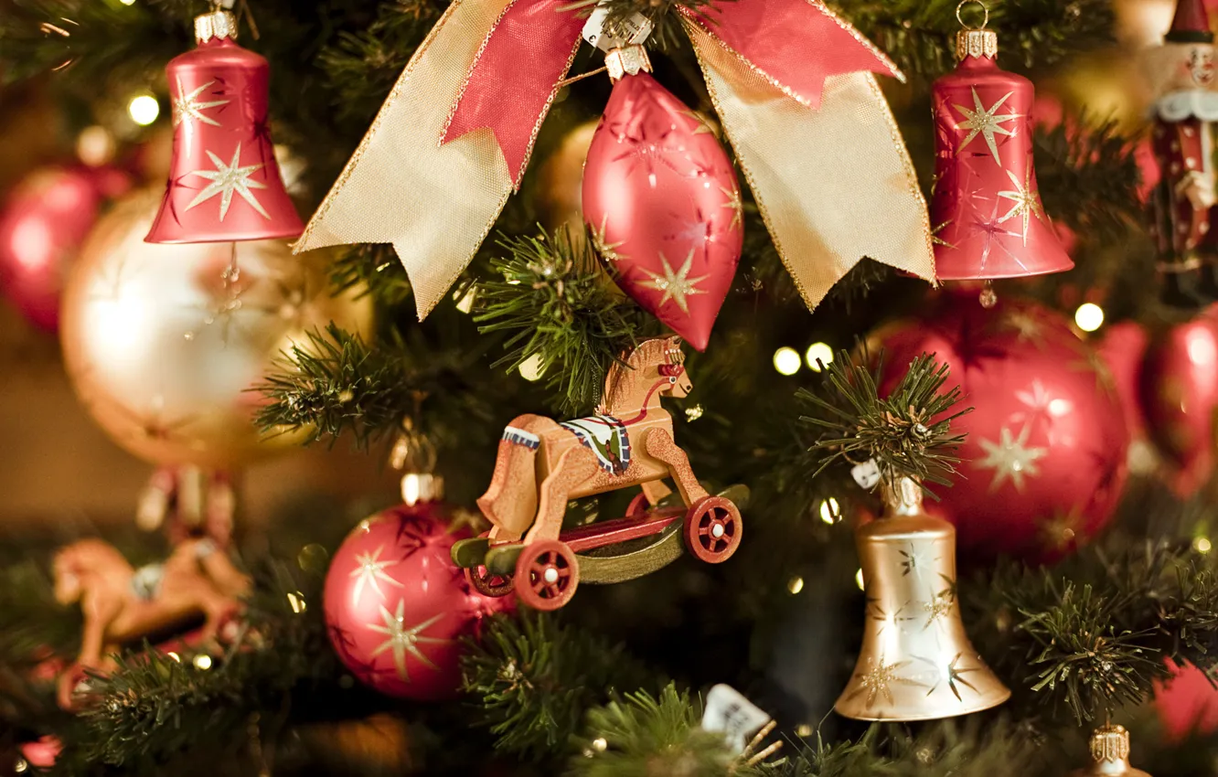 Photo wallpaper toys, tree, spruce, bow, bells, wooden, Christmas decorations, horse