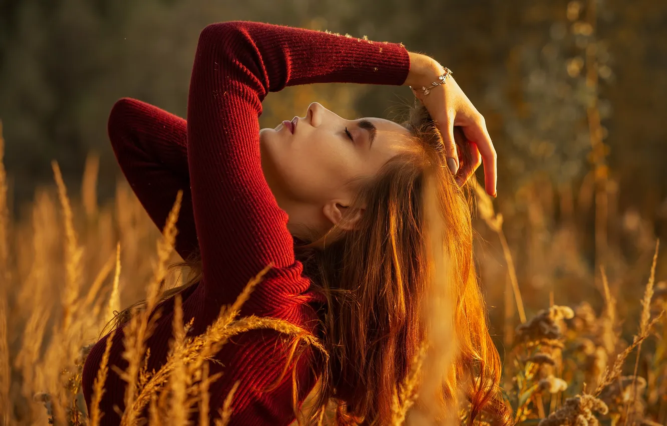 Photo wallpaper autumn, grass, nature, face, hair, redhead, photographer Lekcej Alexey Tugolukov