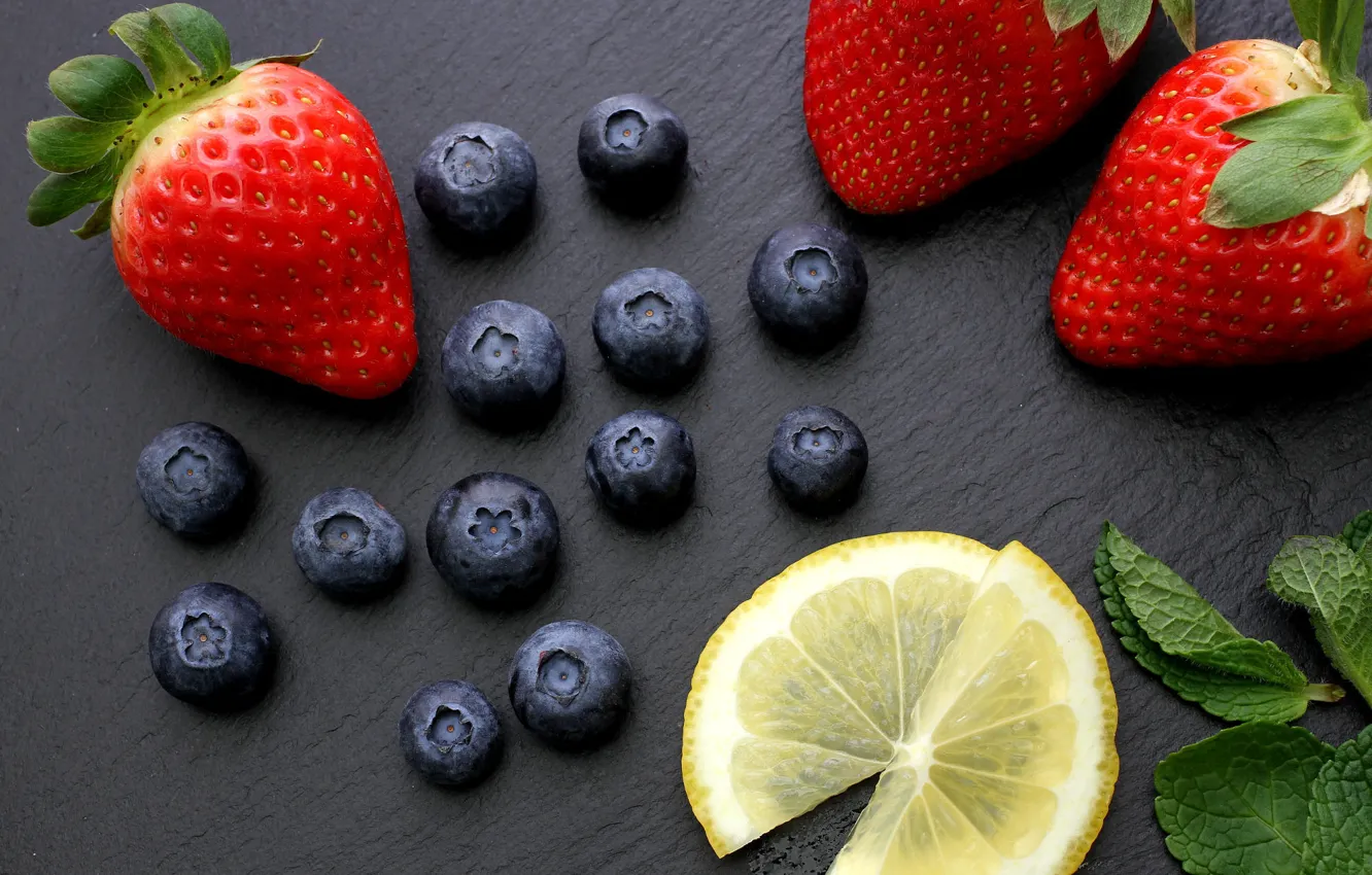 Photo wallpaper berries, lemon, blueberries, strawberry