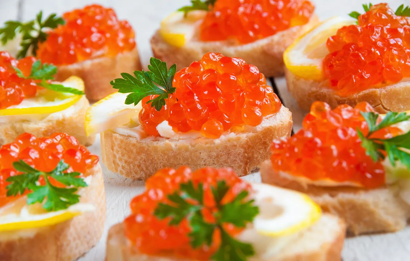 Photo wallpaper lemon, caviar, sandwiches, seafood