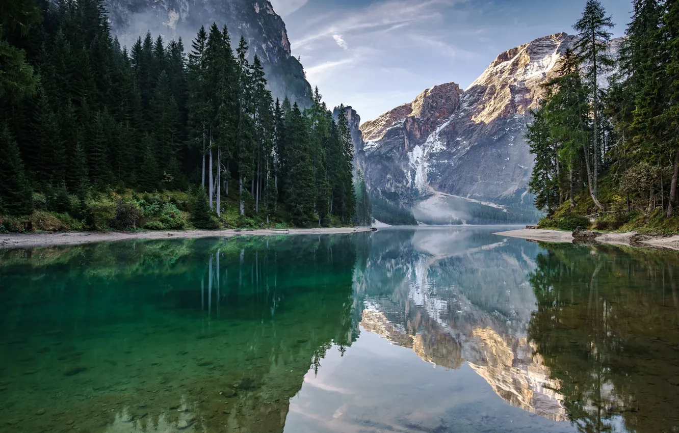 Photo wallpaper trees, landscape, mountains, lake, reflection, Italy, The Dolomites