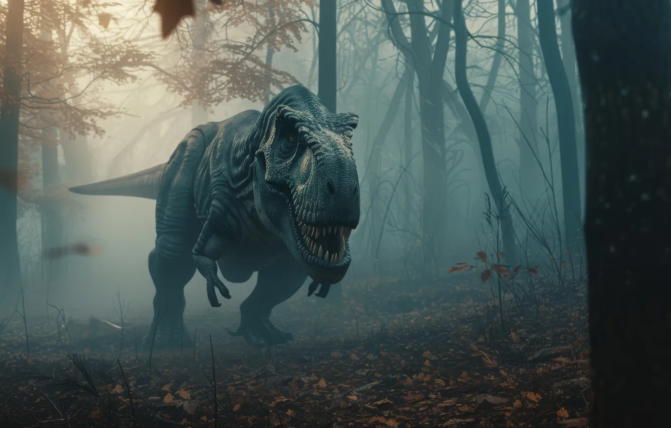Photo wallpaper face, trees, fog, animal, dinosaur, predator, Tyrannosaurus, digital art