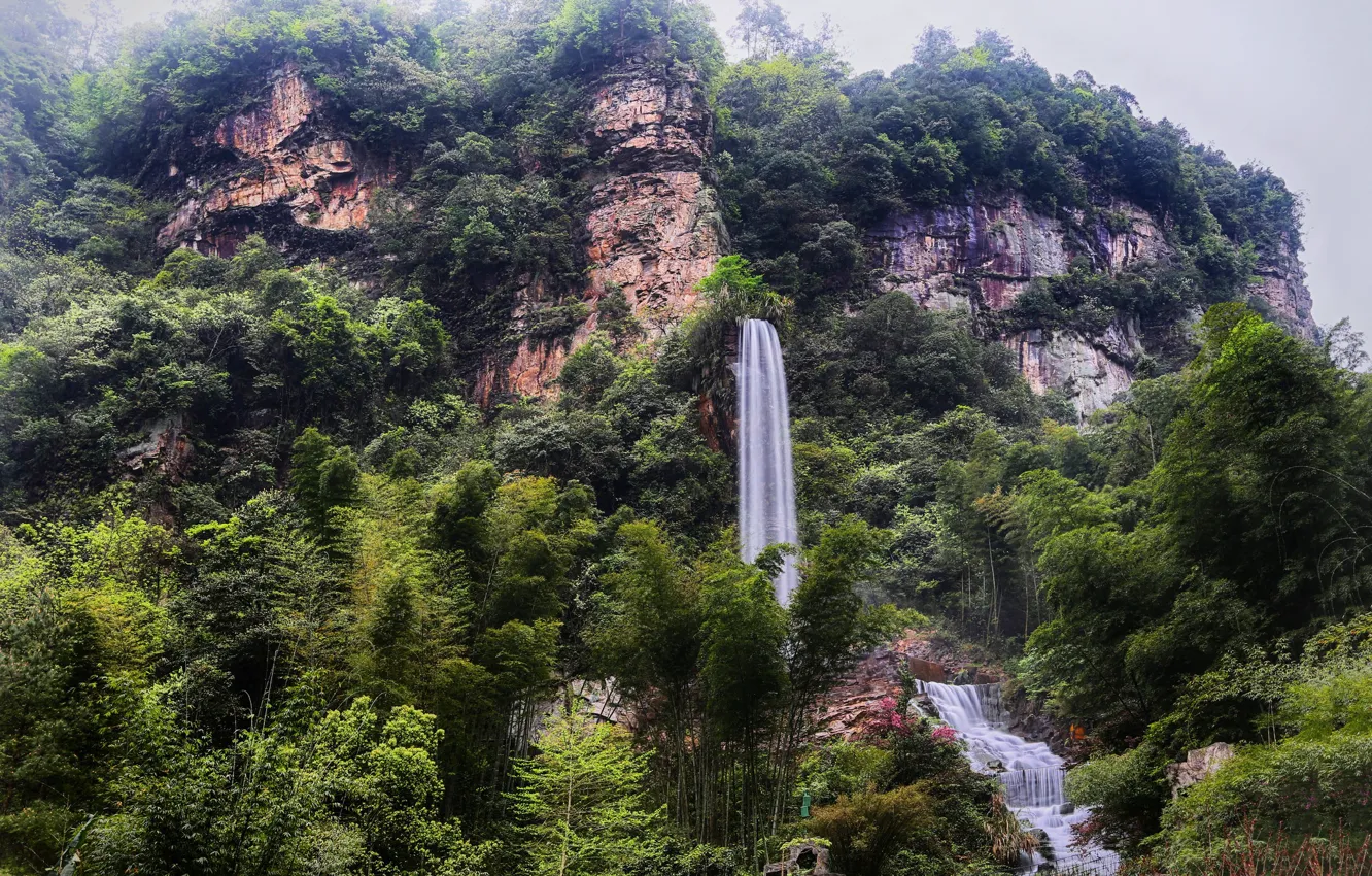 Photo wallpaper trees, mountains, nature, waterfall, China