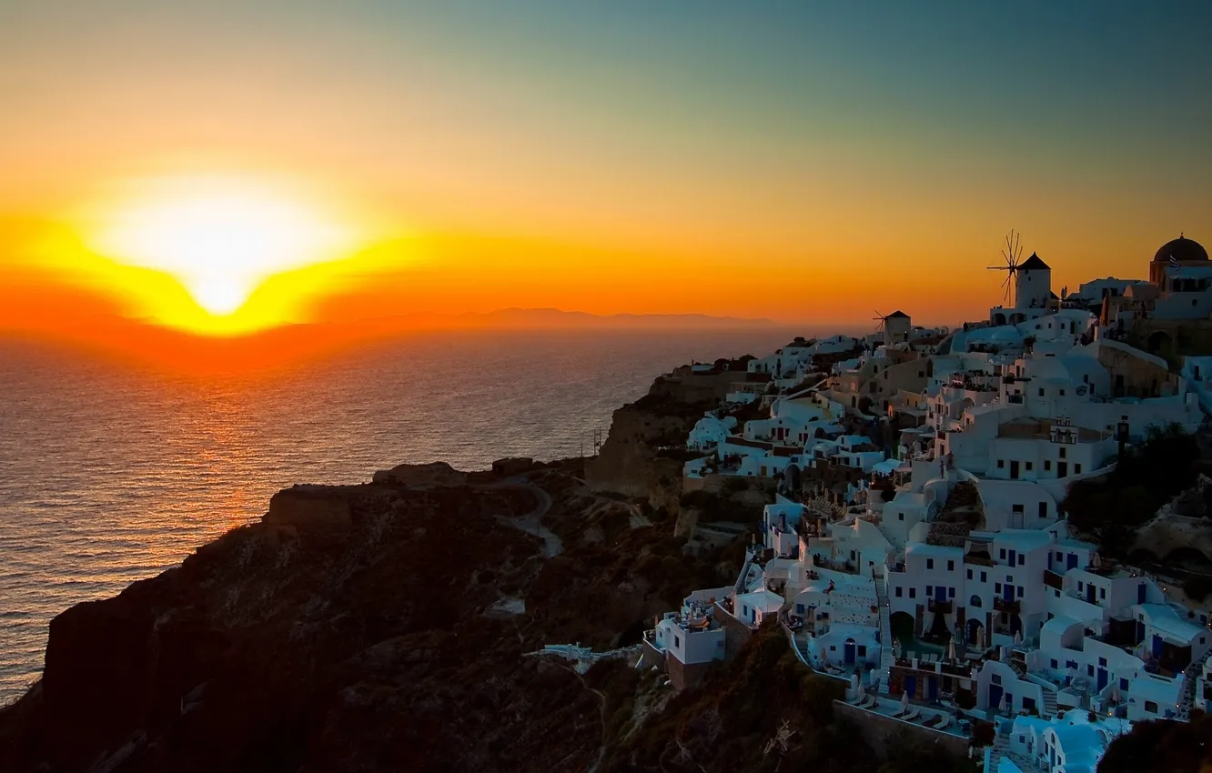 Photo wallpaper sunset, coast, Santorini, Greece, Santorini, Oia, Greece, The Aegean sea