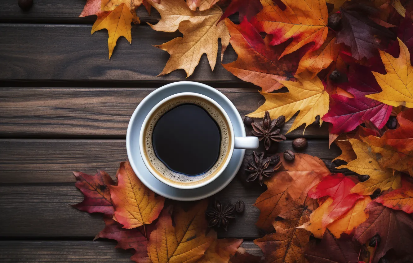 Photo wallpaper autumn, leaves, autumn, leaves, cup, coffee, cozy, a Cup of coffee