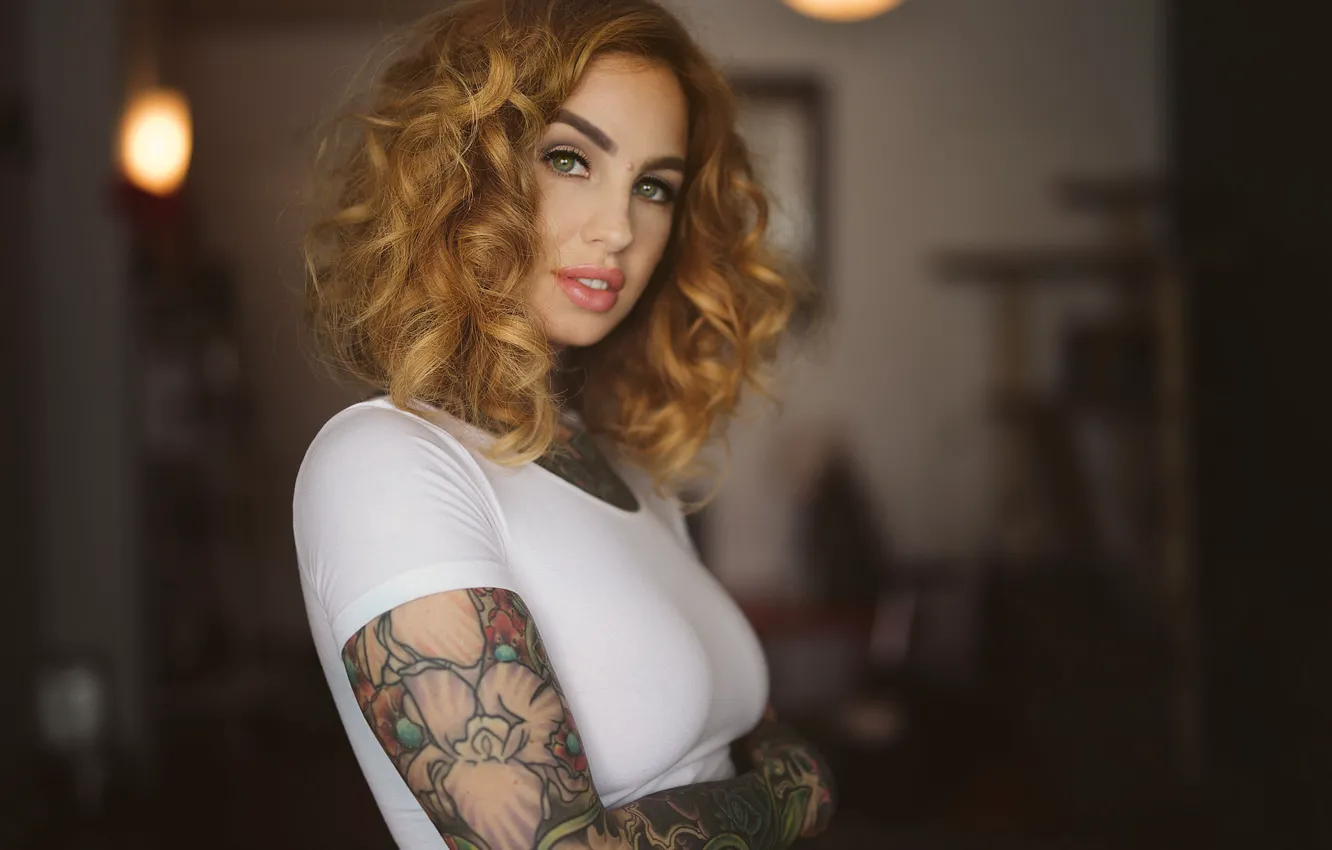 Photo wallpaper look, girl, Mike, tattoo, red, girl, curls, photographer