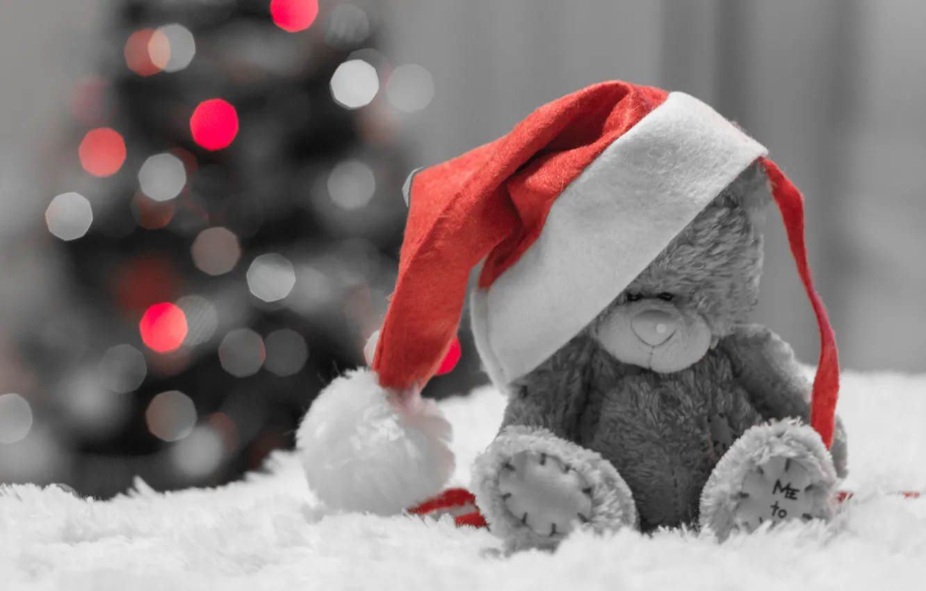 Photo wallpaper holiday, hat, toy, tree, bear, bokeh