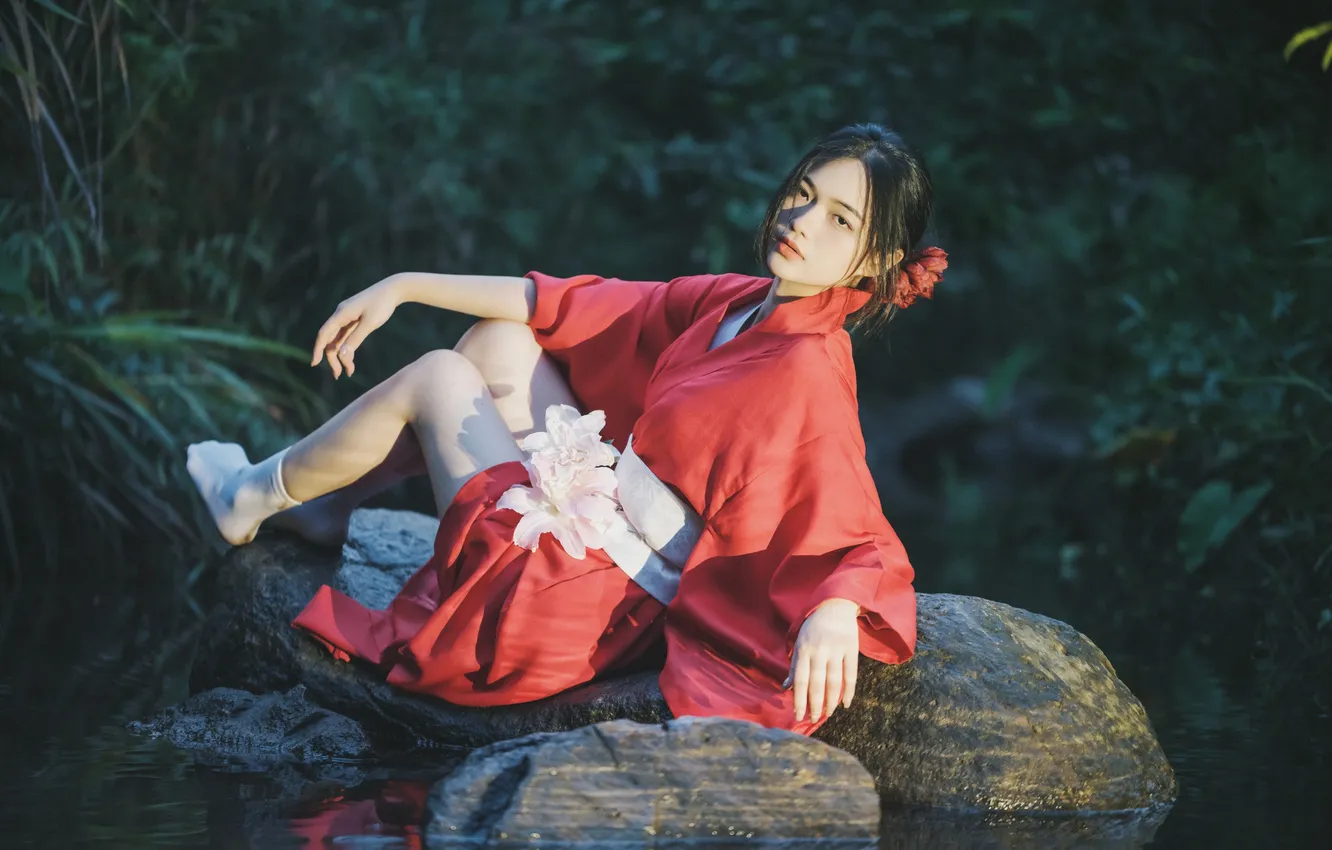 Photo wallpaper rock, flower, river, woman, water, beautiful, model, pretty