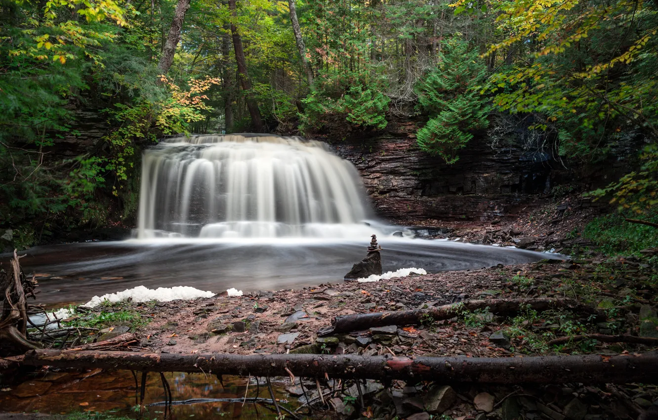 Photo wallpaper forest, river, waterfall, Michigan, Rock River Falls