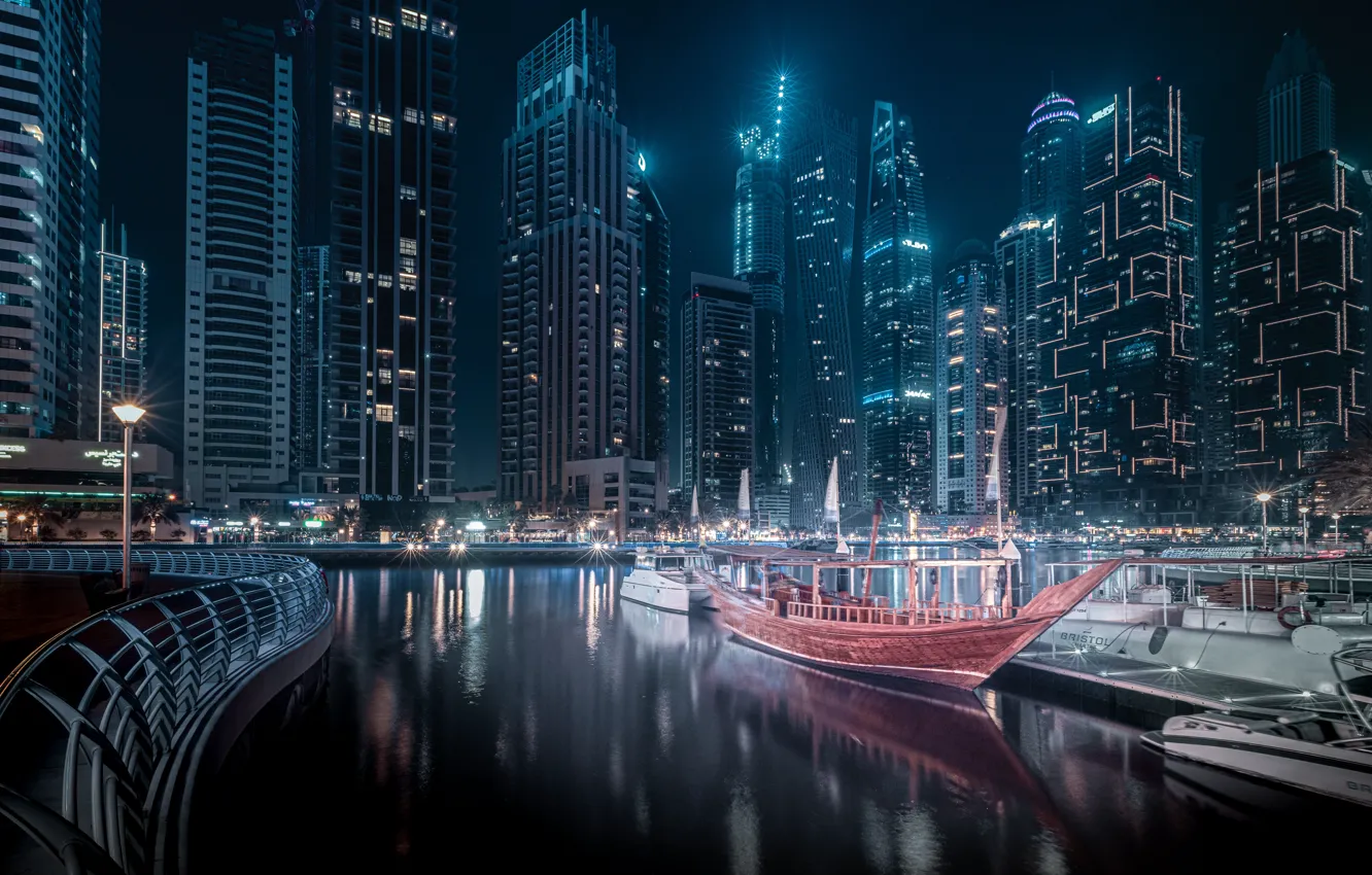 Photo wallpaper building, home, boats, Bay, Dubai, night city, Dubai, skyscrapers