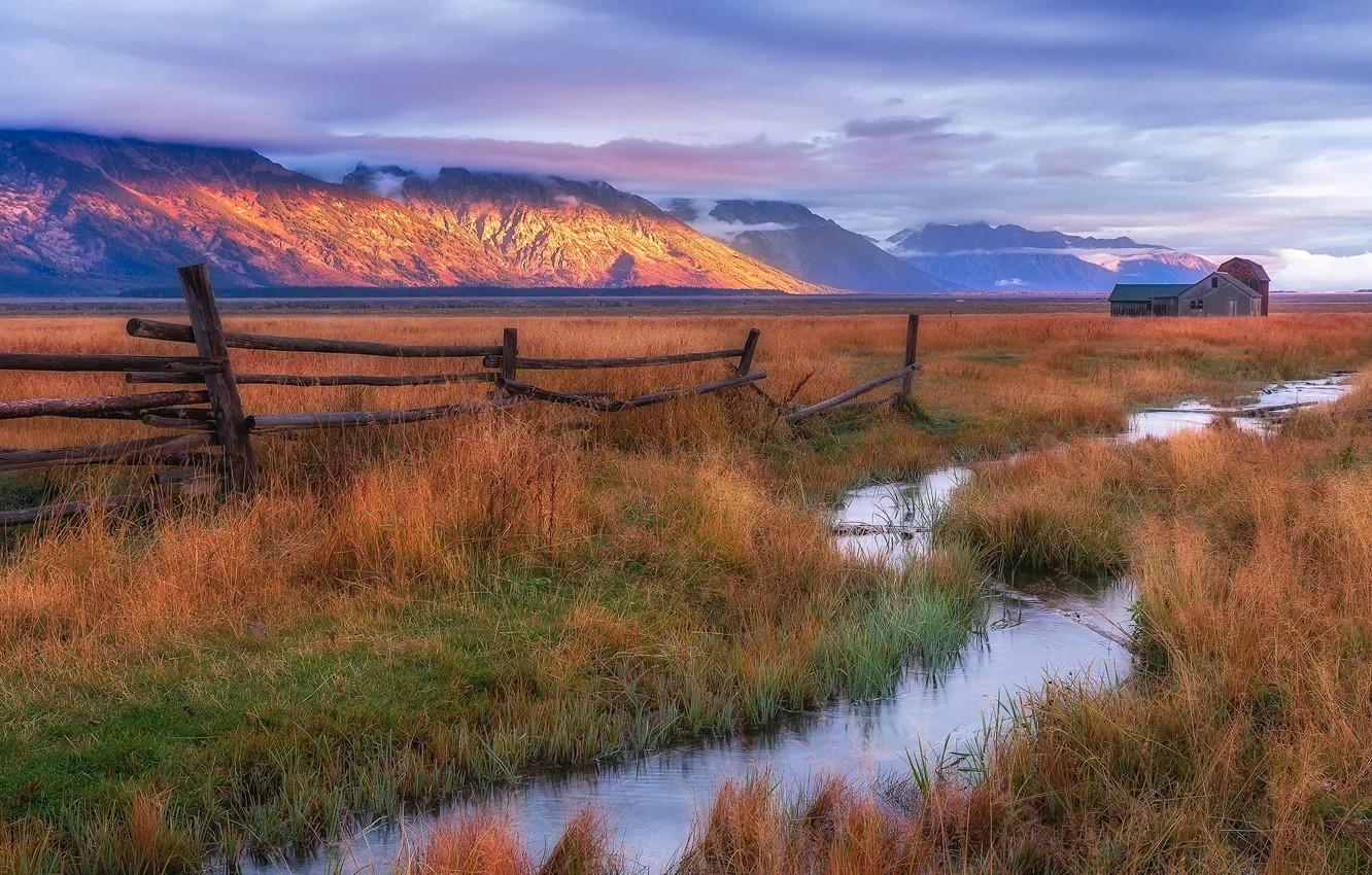 Photo wallpaper mountains, stream, the fence, home, Wyoming, USA, Teton