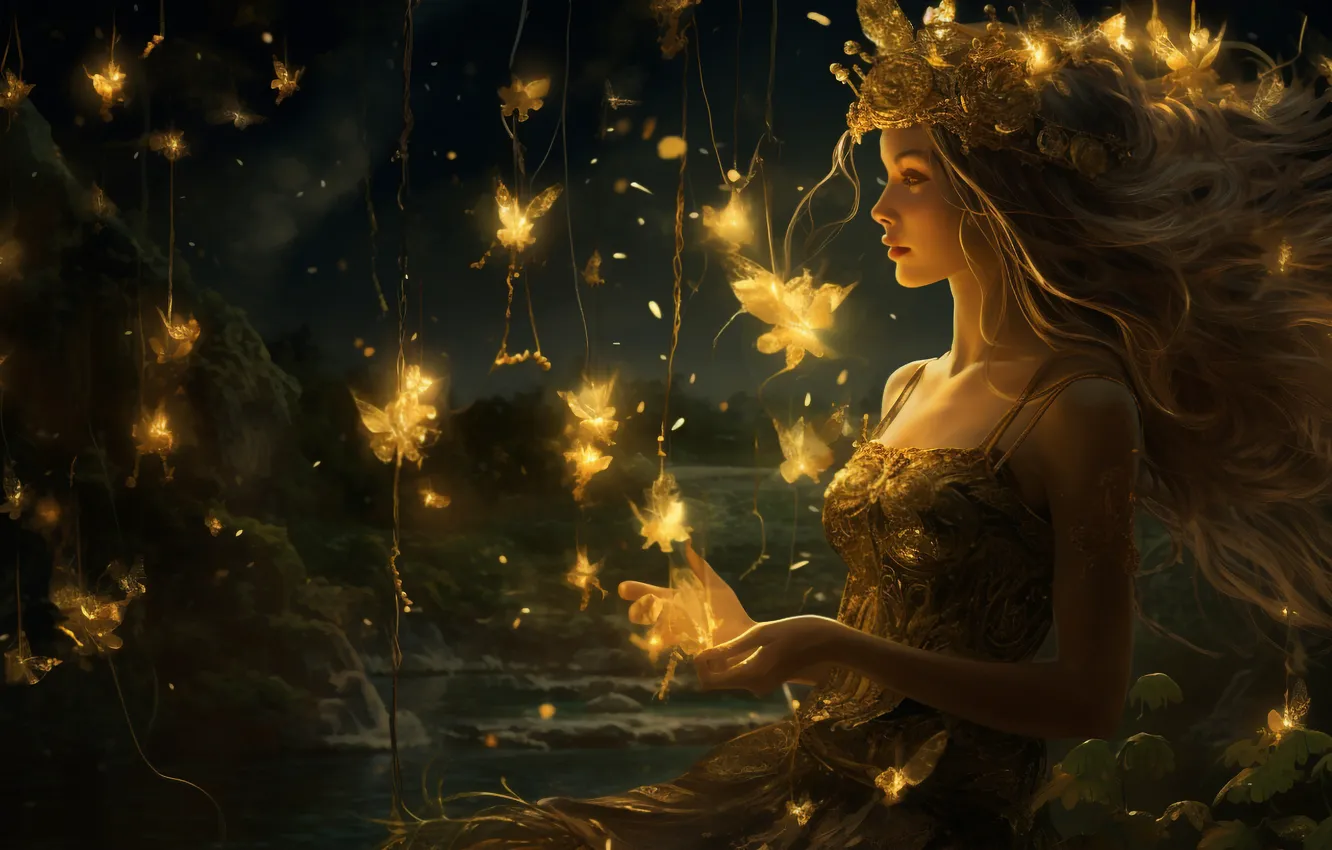Photo wallpaper girl, light, butterfly, fairy, fantasy, Princess, digital art, AI art