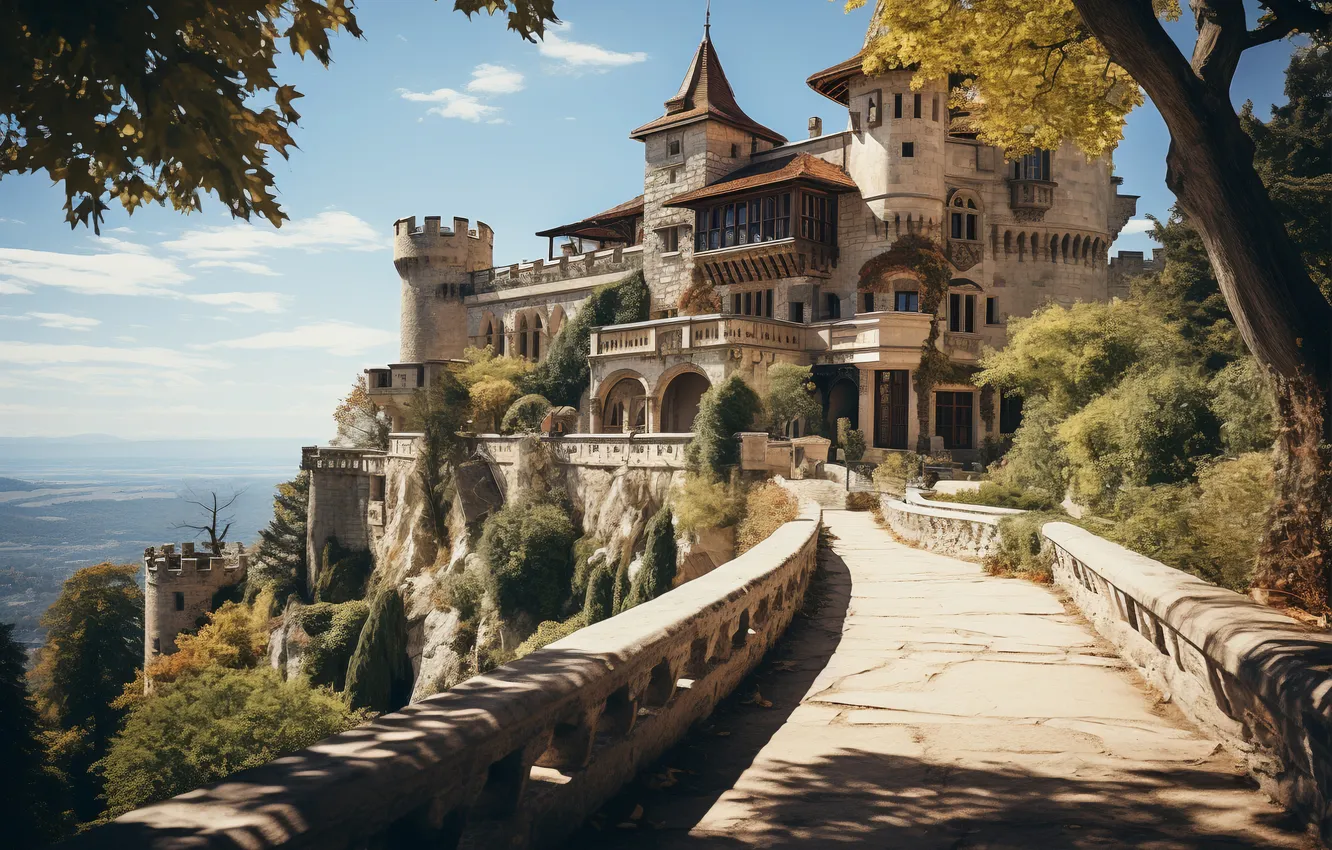 Photo wallpaper bridge, castle, landscape, view, castle, ancient, Ancient