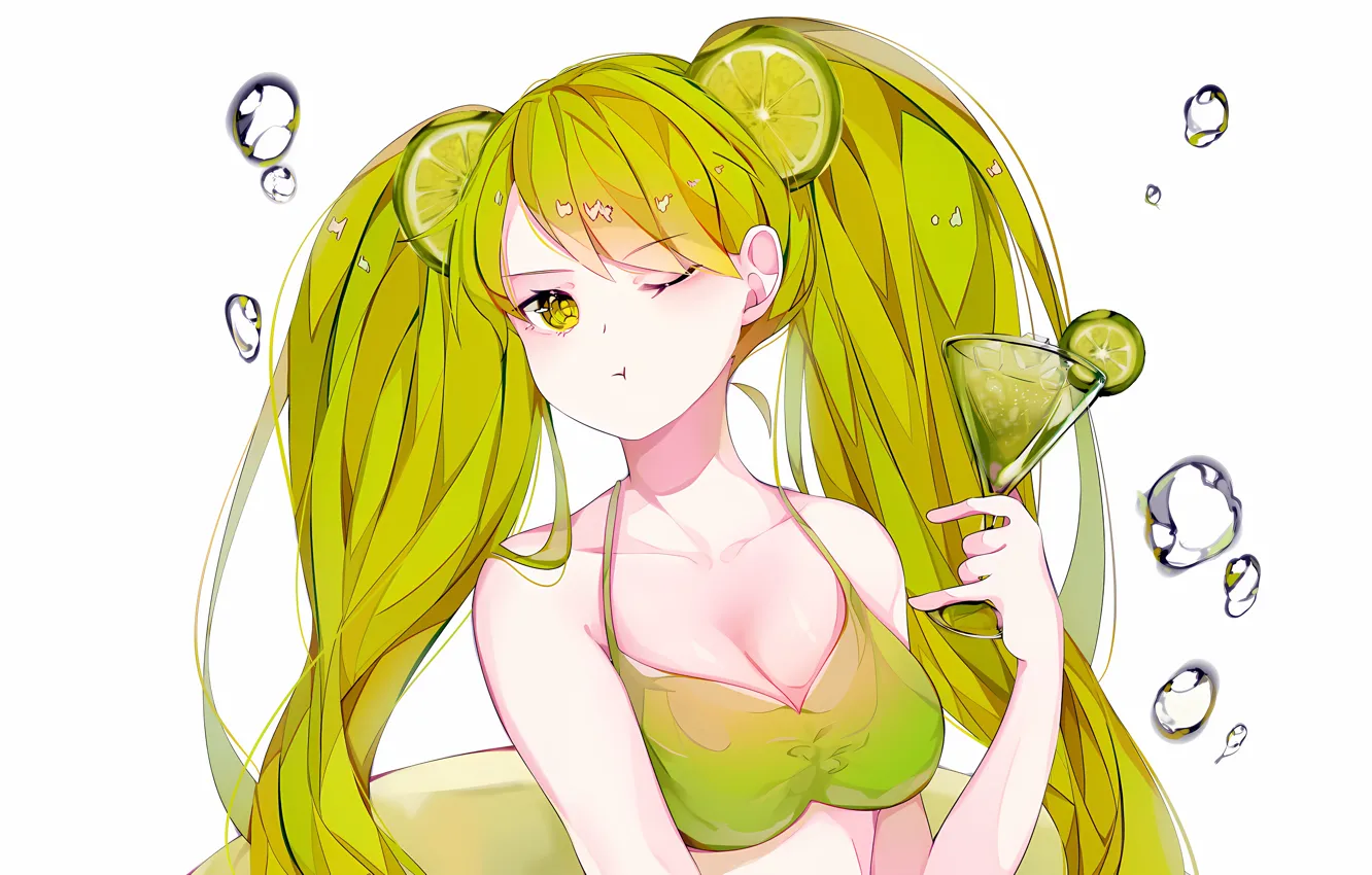 Photo wallpaper girl, sexy, cleavage, green eyes, long hair, boobs, anime, beautiful