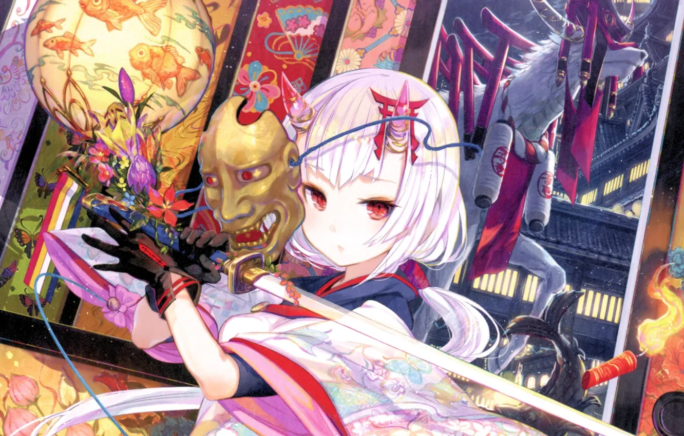 Photo wallpaper pattern, katana, deer, mask, lights, horns, red eyes, art