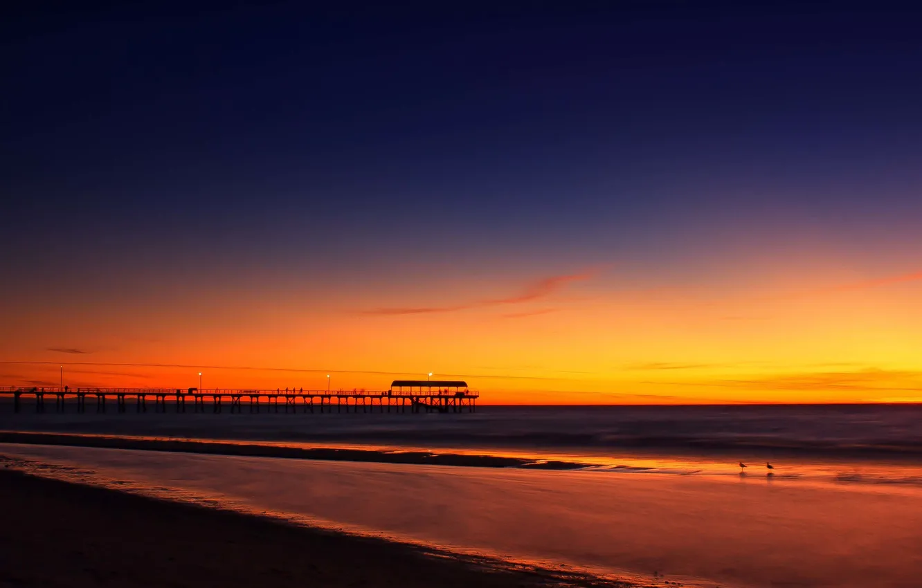 Photo wallpaper wave, beach, the sky, sunset, horizon, pierce, twilight